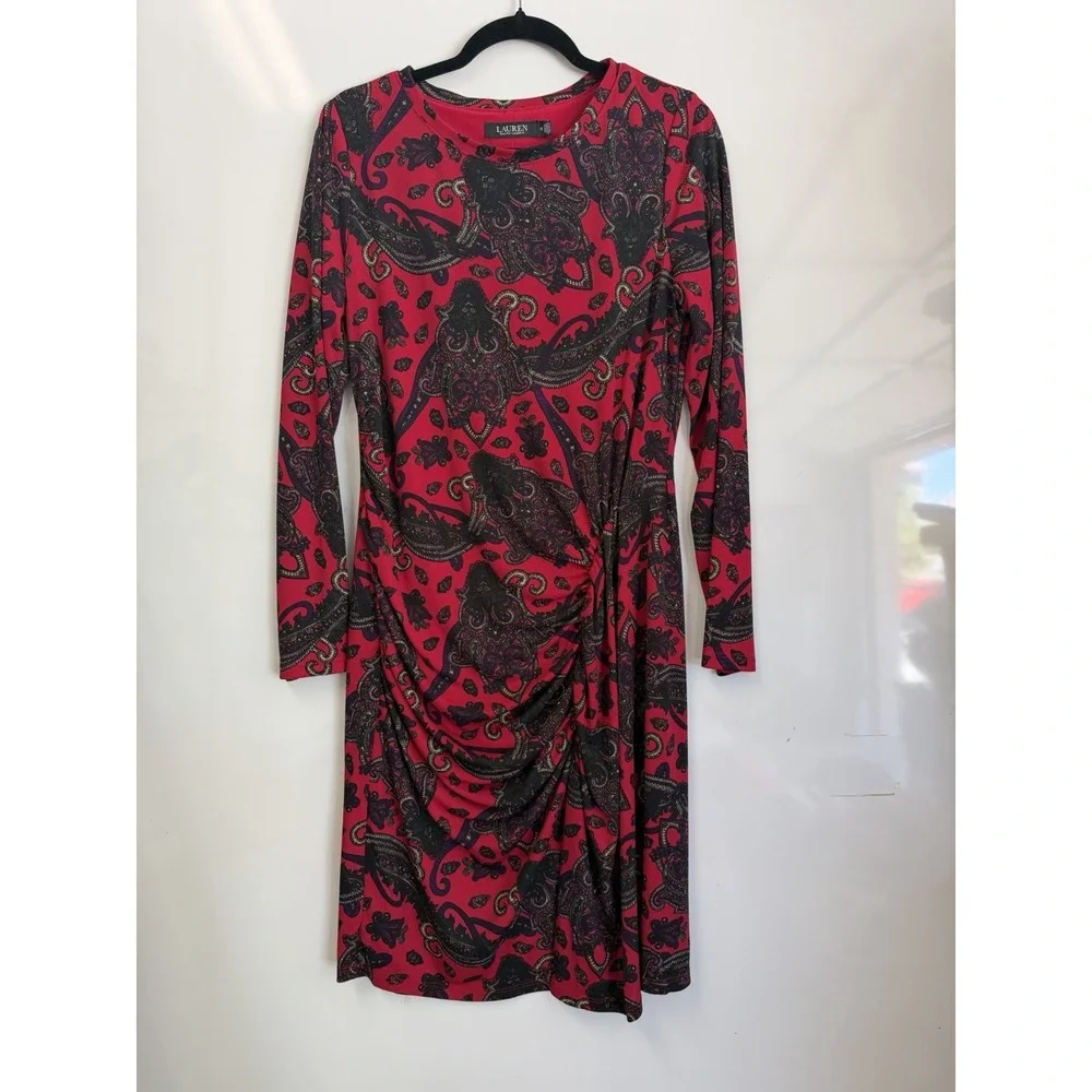 Ralph Lauren Timeless Sophisticated Paisley Twist-Front Red Blck Sheath Dress 10